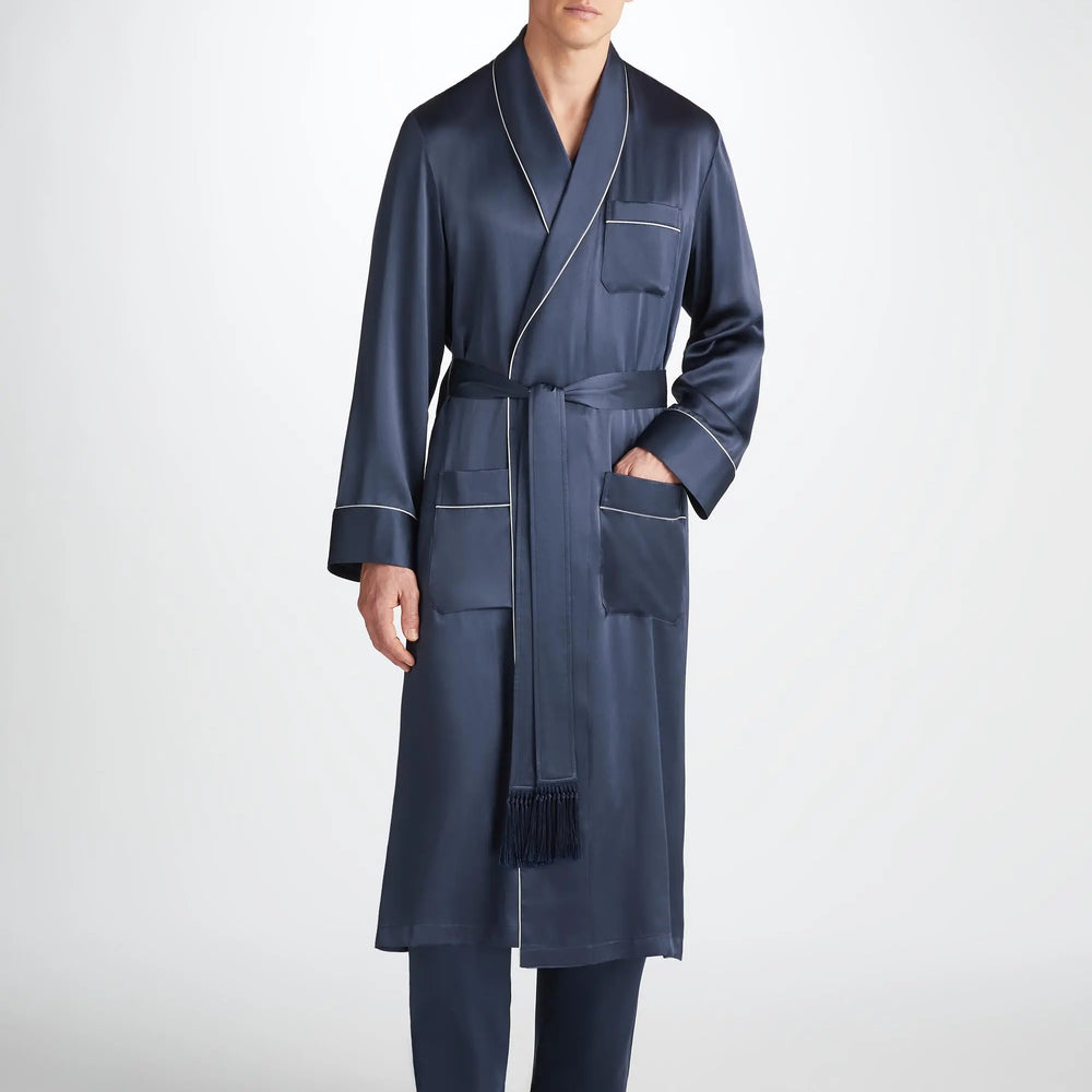 Derek Rose Men's Dressing Gown Bailey Silk Satin Navy Derek Rose