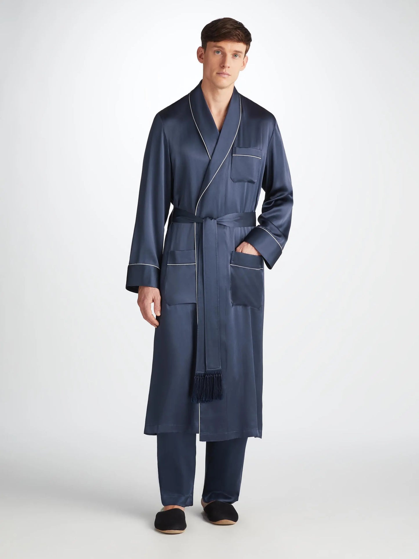 Derek Rose Men's Dressing Gown Bailey Silk Satin Navy Derek Rose