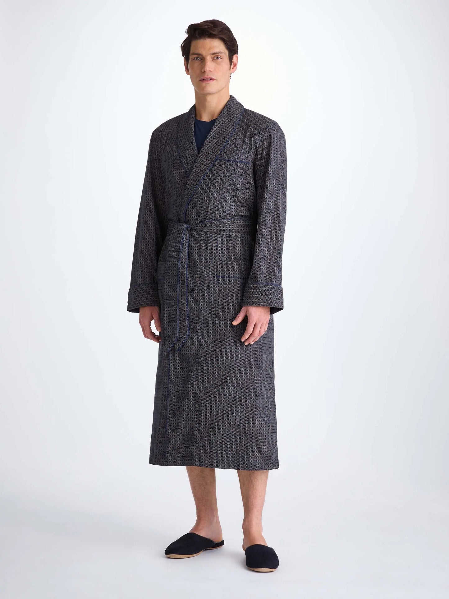 Derek Rose Men's Dressing Gown Cotton Batiste Navy Jungle Leaf Print Derek Rose