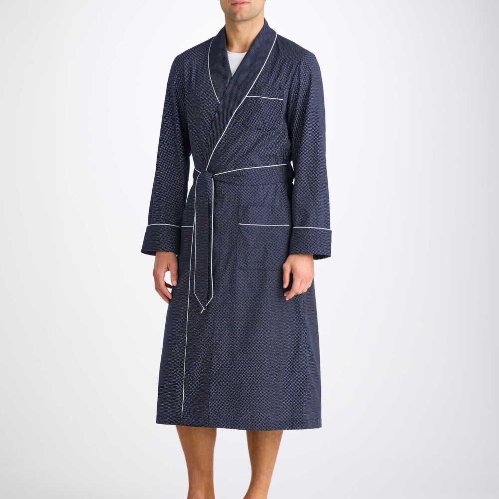 Derek Rose Men's Dressing Gown Cotton Batiste Navy Pin Dot Print Derek Rose