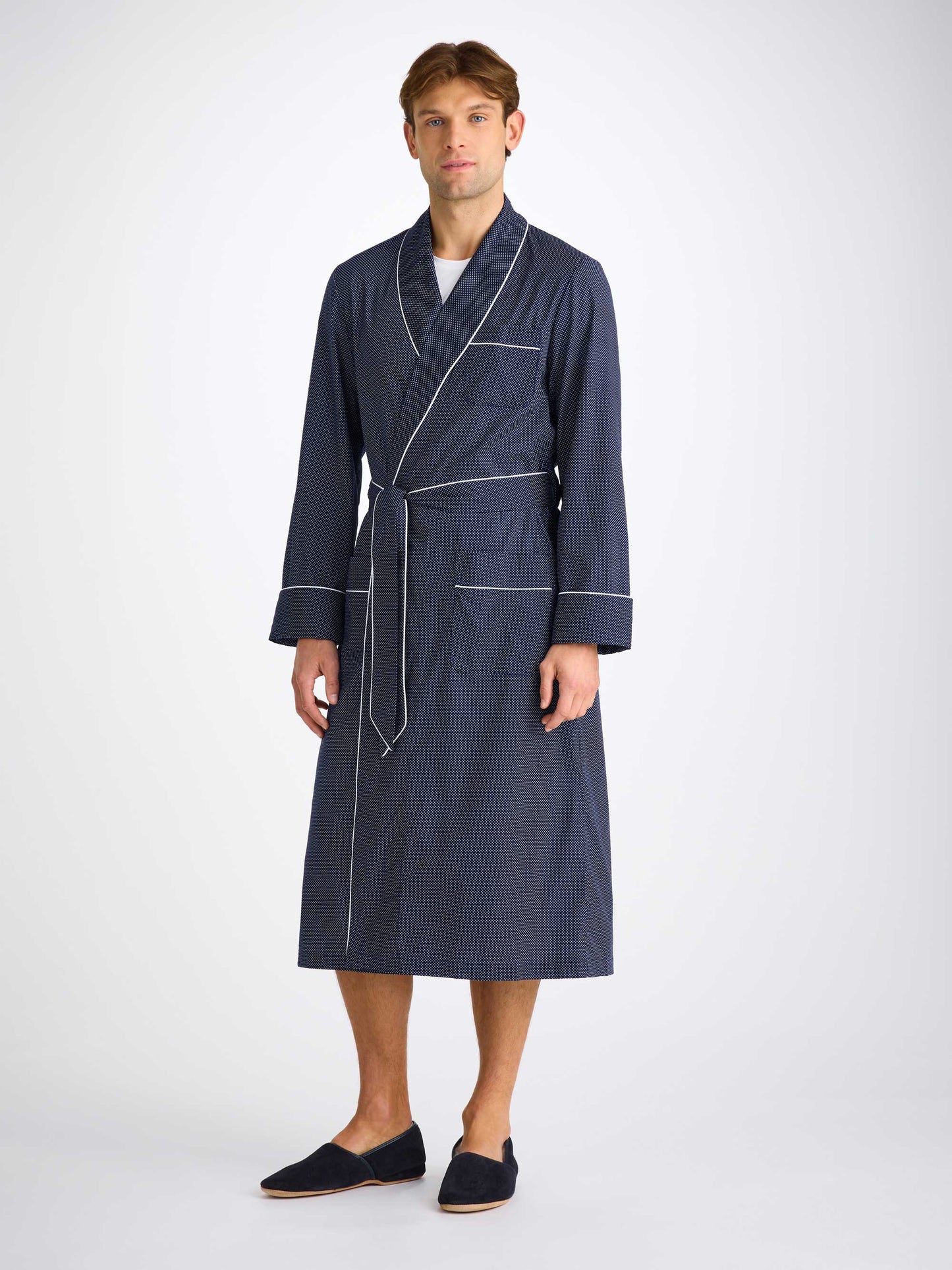 Derek Rose Men's Dressing Gown Cotton Batiste Navy Pin Dot Print Derek Rose