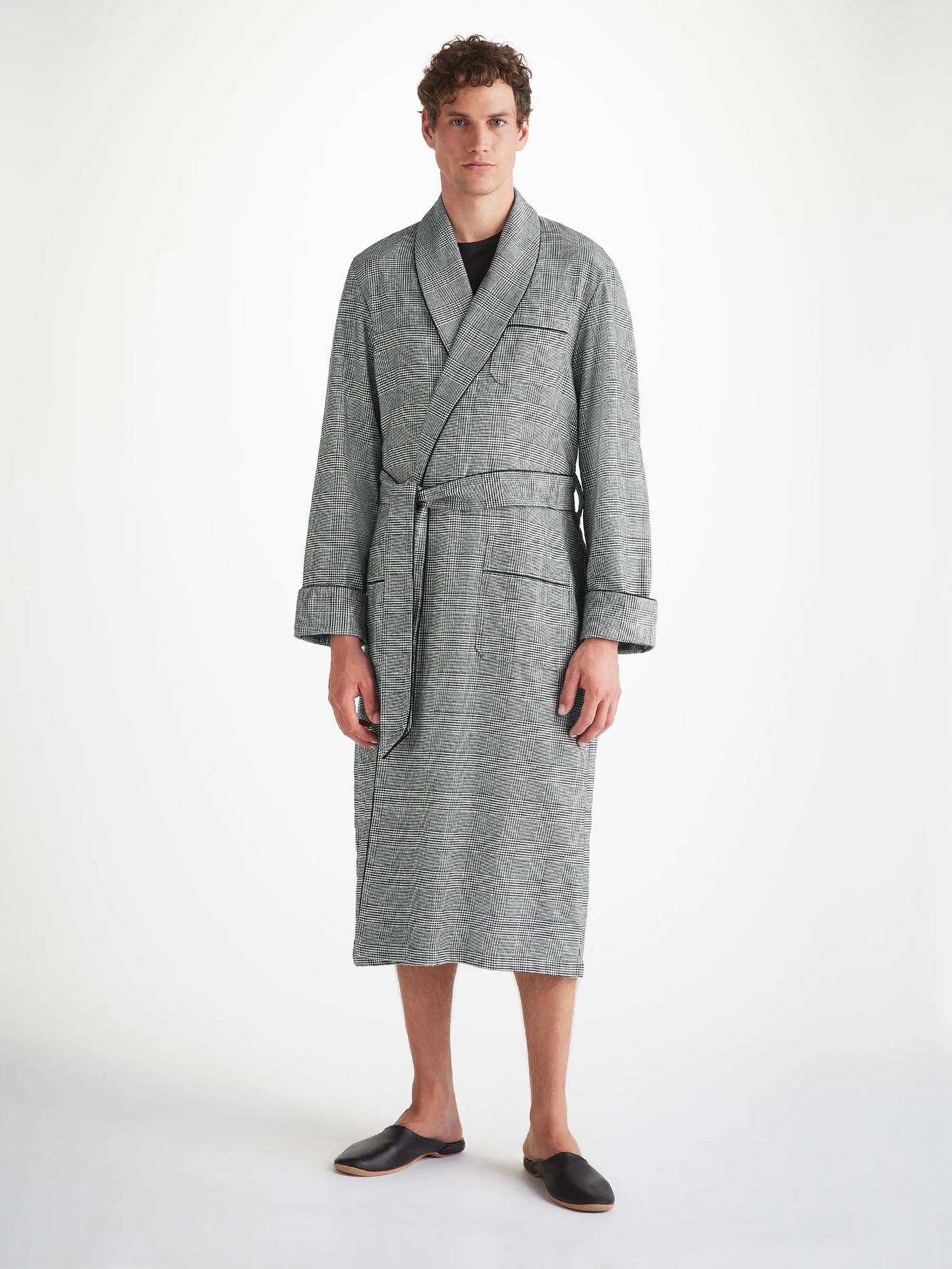 Derek Rose Men's Dressing Gown Kelburn 42 Brushed Cotton Black Derek Rose