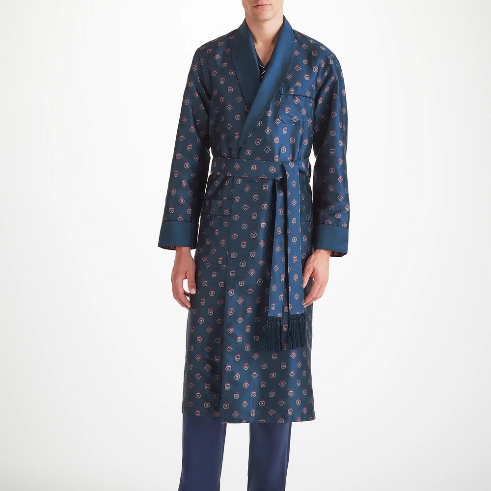 Derek Rose Men's Dressing Gown Silk Jacquard Navy Badge Pattern Derek Rose