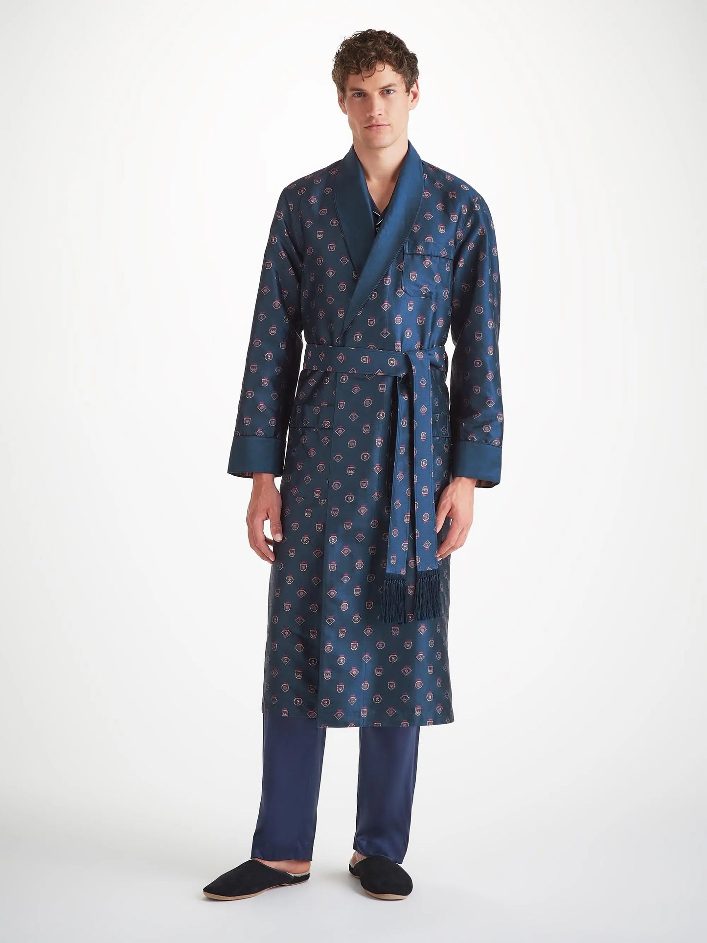 Derek Rose Men's Dressing Gown Silk Jacquard Navy Badge Pattern Derek Rose