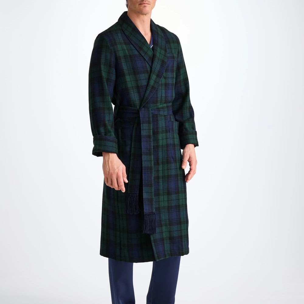 Derek Rose Men's Dressing Gown Tartan Black Watch Wool Navy Derek Rose