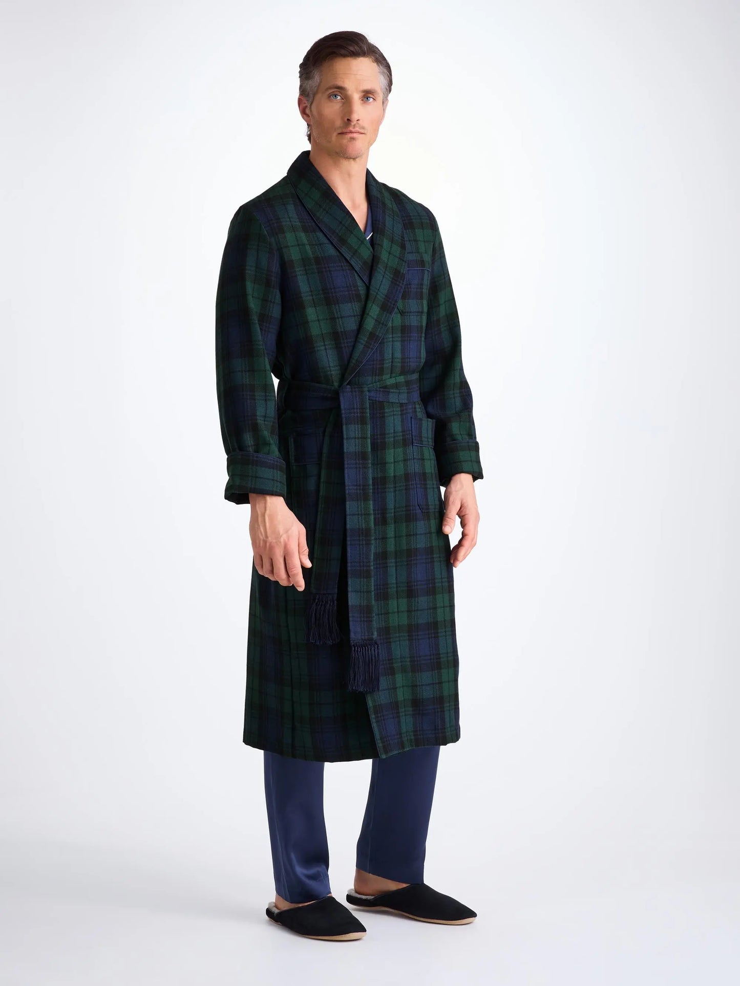 Derek Rose Men's Dressing Gown Tartan Black Watch Wool Navy Derek Rose
