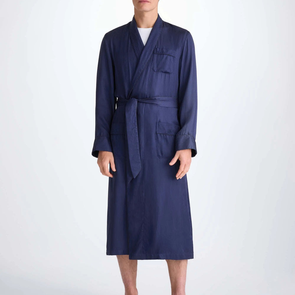 Derek Rose Men's Dressing Gown Woburn 8 Silk Satin Navy Derek Rose
