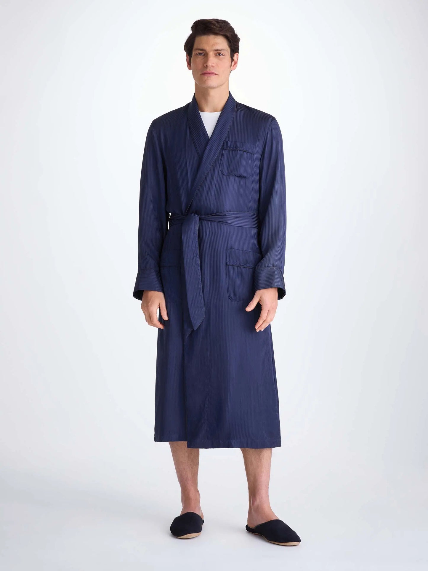 Derek Rose Men's Dressing Gown Woburn 8 Silk Satin Navy Derek Rose