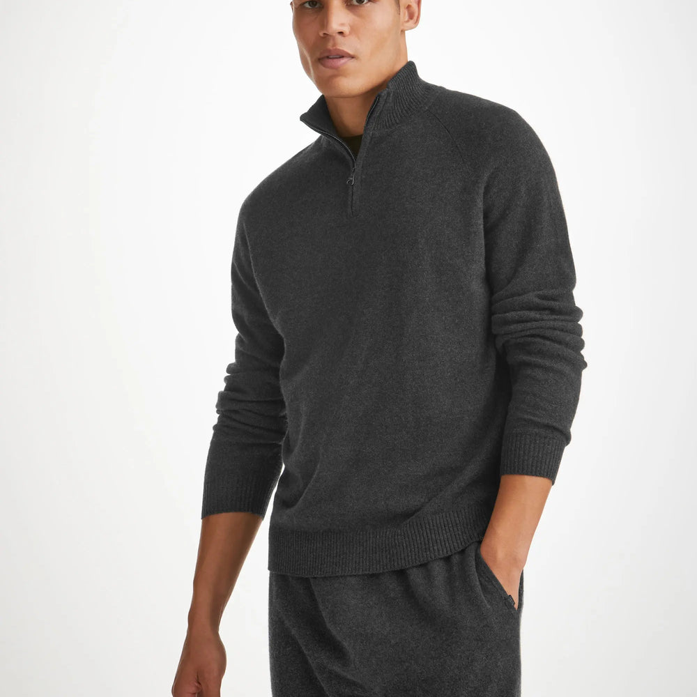 Derek Rose Men's Half-Zip Sweater Finley Cashmere Charcoal Derek Rose