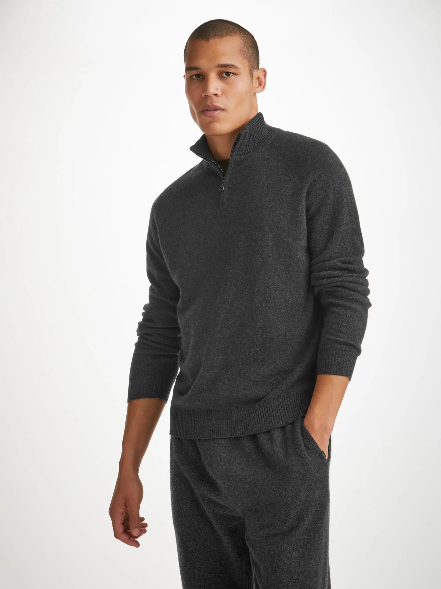 Derek Rose Men's Half-Zip Sweater Finley Cashmere Charcoal Derek Rose