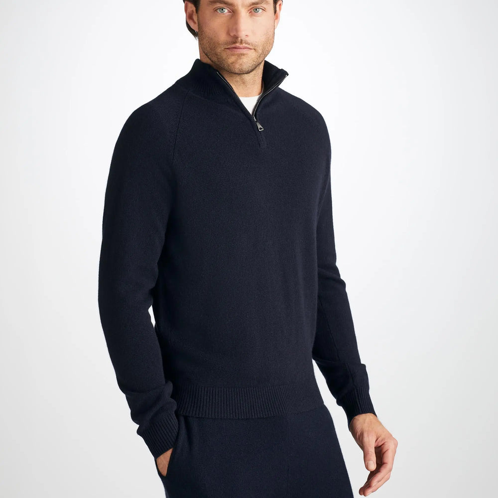 Derek Rose Men's Half-Zip Sweater Finley Cashmere Navy Derek Rose