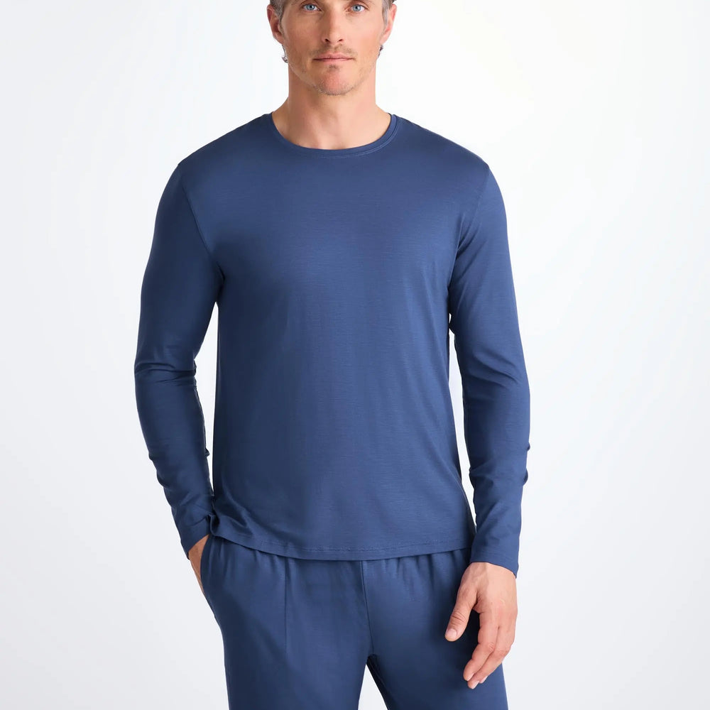 Derek Rose Men's Long Sleeve T-Shirt Basel Micro Modal Stretch Sapphire Derek Rose