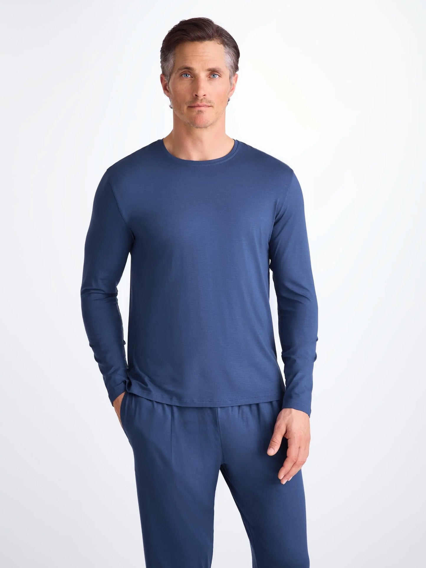 Derek Rose Men's Long Sleeve T-Shirt Basel Micro Modal Stretch Sapphire Derek Rose