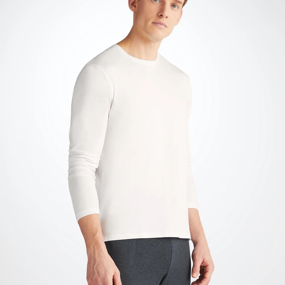 Derek Rose Men's Long Sleeve T-Shirt Basel Micro Modal Stretch White Derek Rose