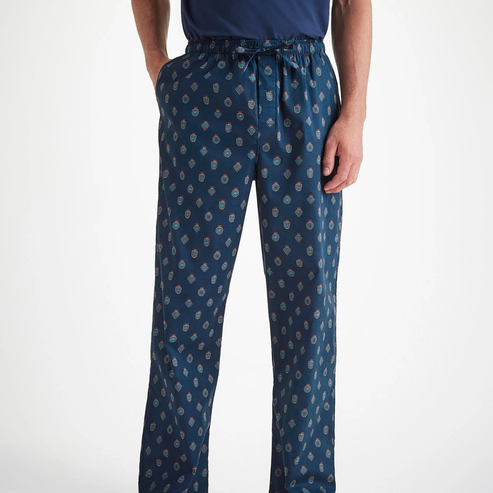 Derek Rose Men's Lounge Trousers Cotton Batiste Navy Badge Print Derek Rose