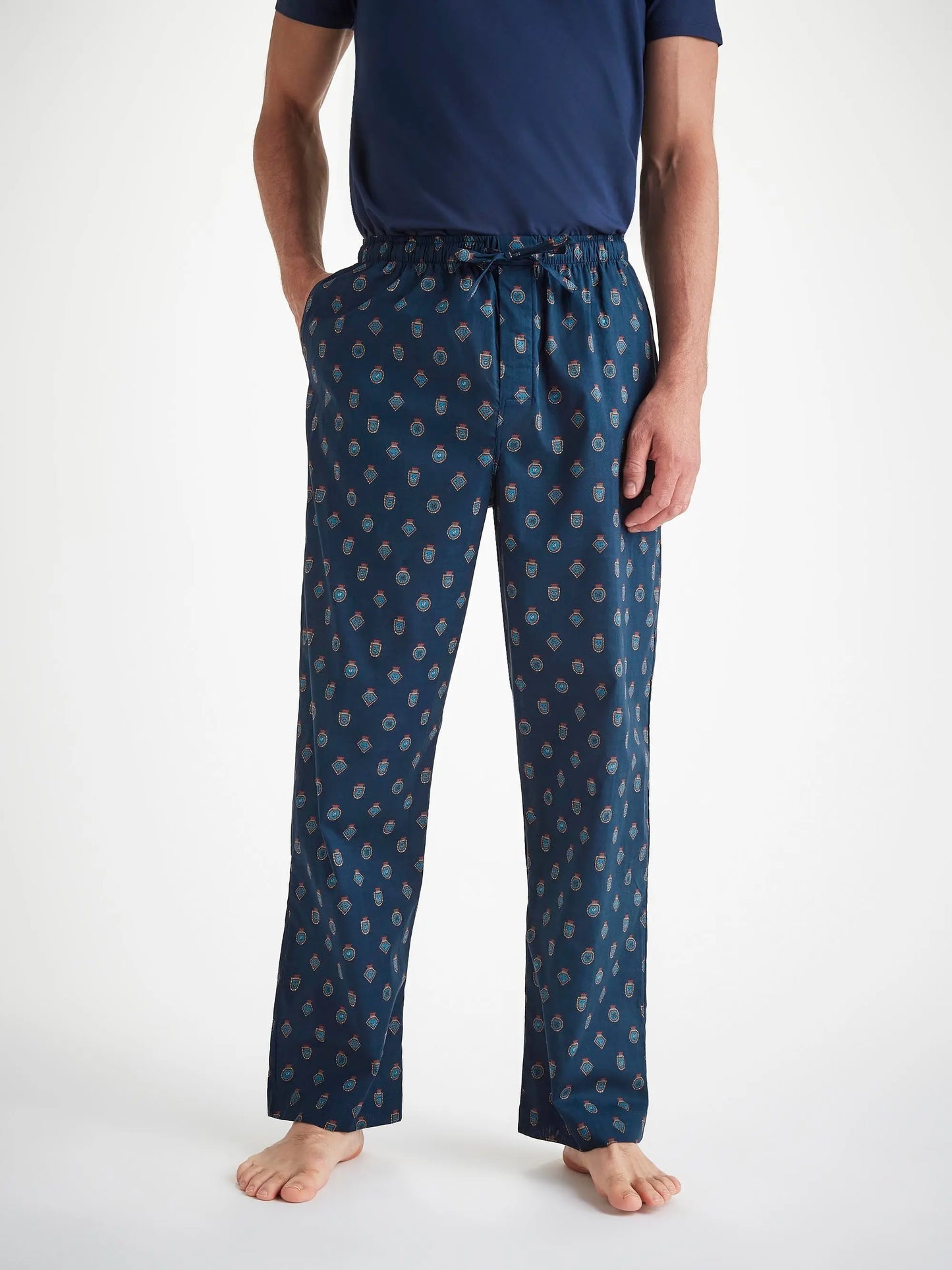 Derek Rose Men's Lounge Trousers Cotton Batiste Navy Badge Print Derek Rose