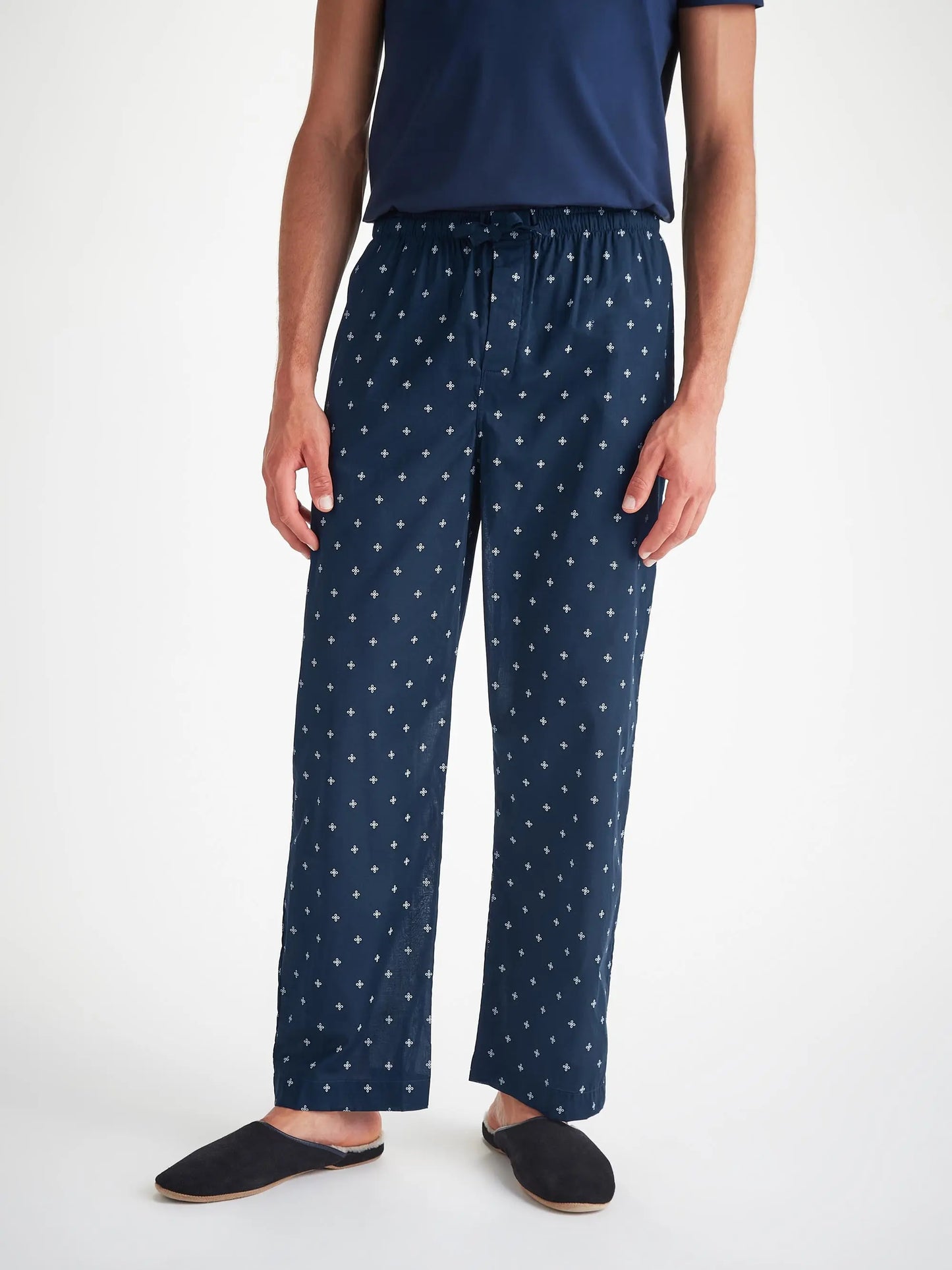 Derek Rose Men's Lounge Trousers Cotton Batiste Navy Sailor's Knot Print Derek Rose