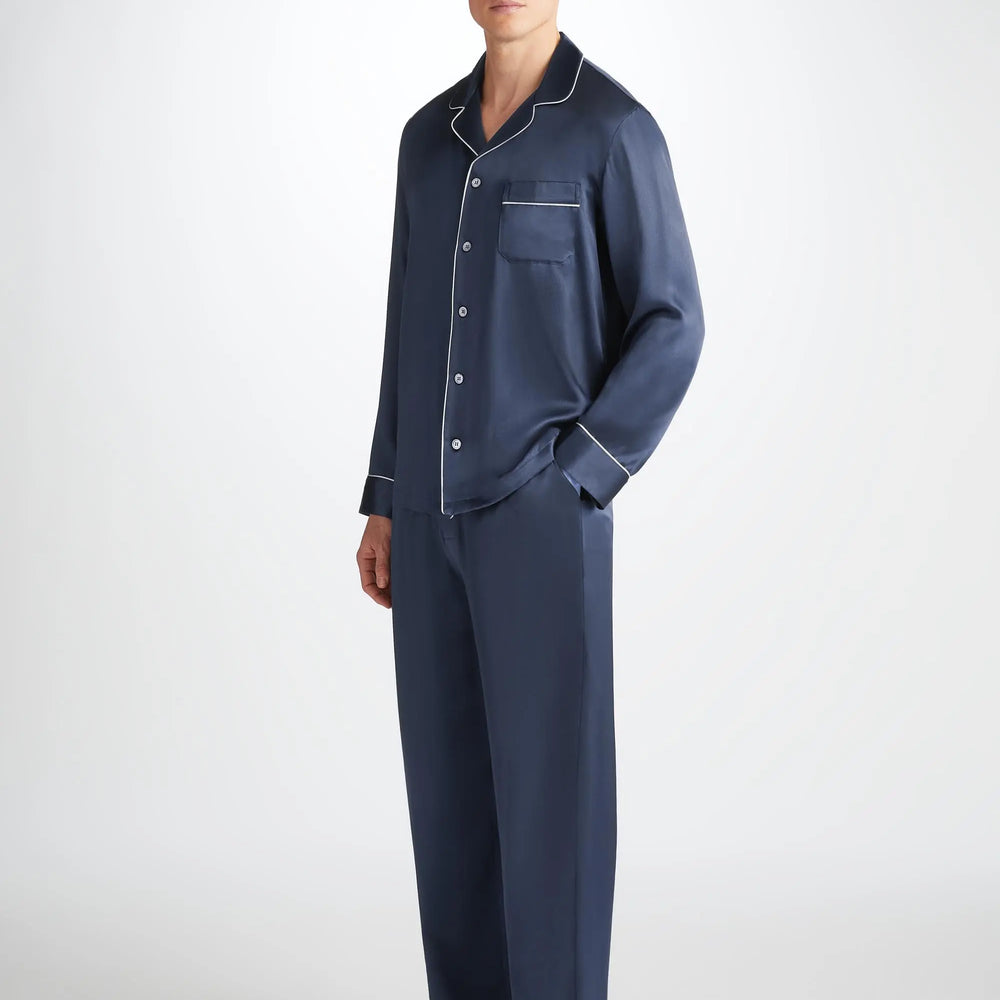 Derek Rose Men's Pyjamas Bailey Silk Satin Navy Derek Rose