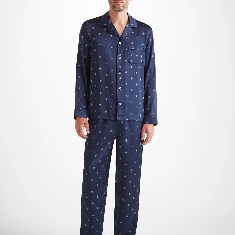 Derek Rose Men's Pyjamas Silk Satin Navy Sailor's Knot Print Derek Rose