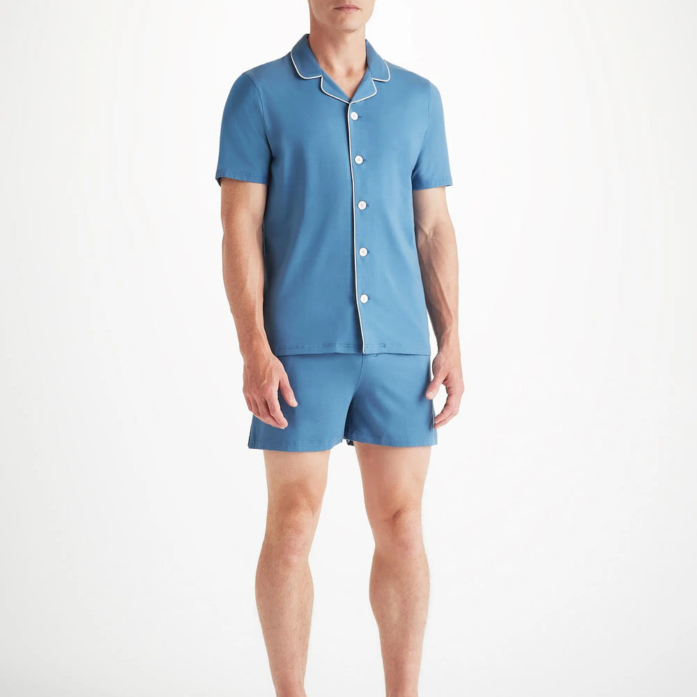 Derek Rose Men's Short Pyjamas Basel Micro Modal Stretch Steel Blue Derek Rose