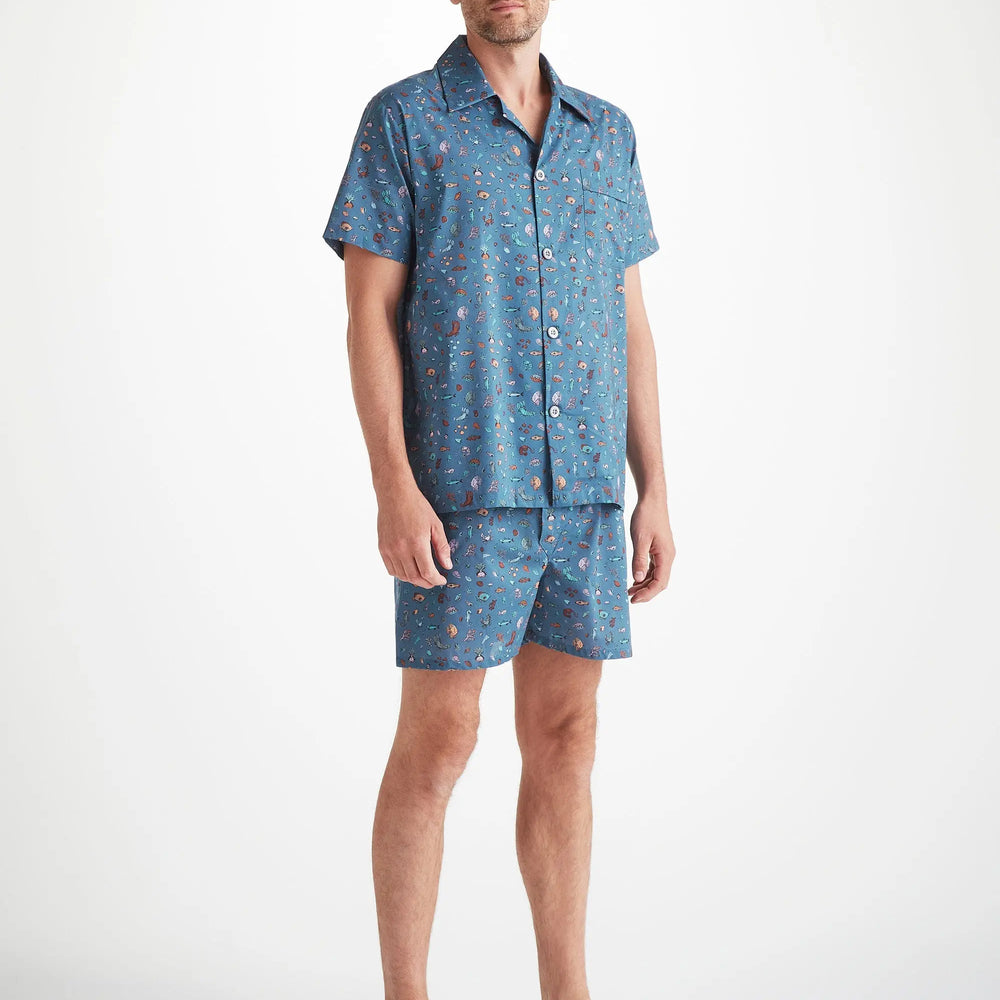 Derek Rose Men's Short Pyjamas Cotton Batiste Blue Sea Friends Print Derek Rose