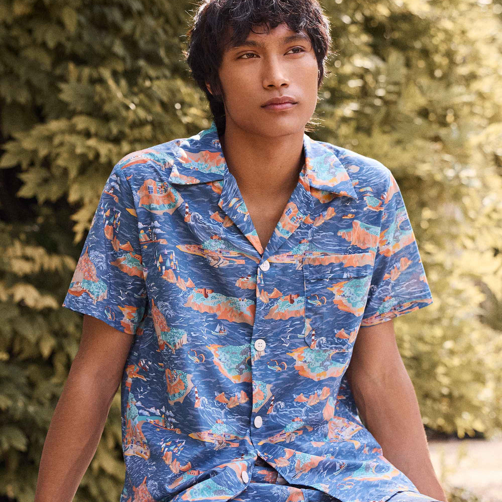 Derek Rose Men's Short Pyjamas Cotton Batiste Multi Fisherman's Scenic Print Derek Rose