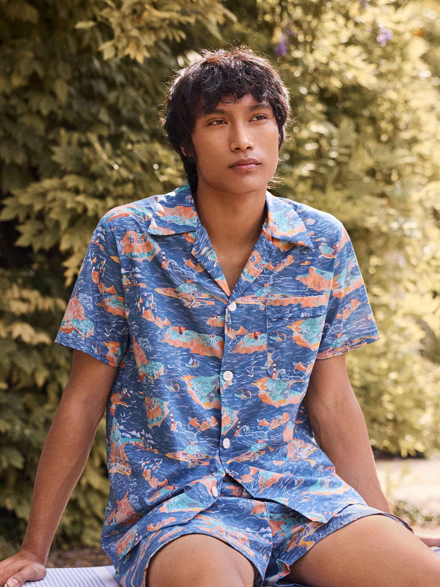 Derek Rose Men's Short Pyjamas Cotton Batiste Multi Fisherman's Scenic Print Derek Rose