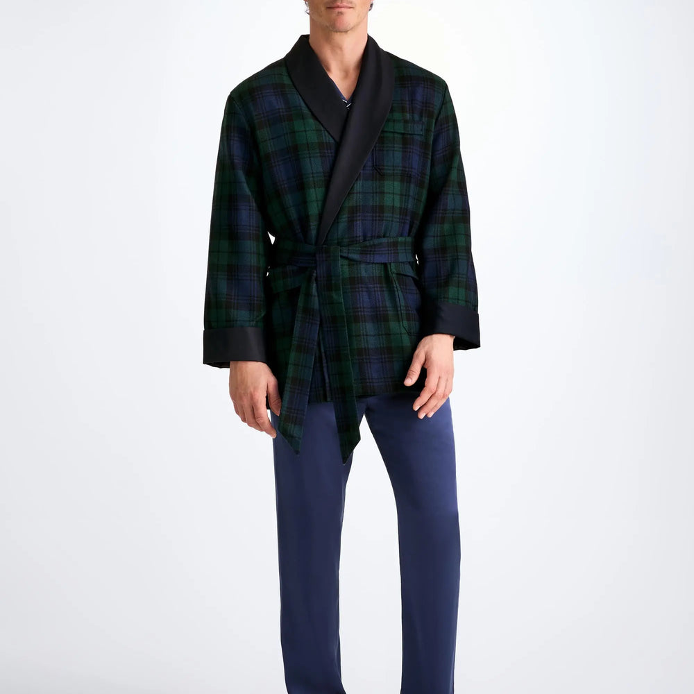 Derek Rose Men's Smoking Jacket Tartan Wool Black Watch Navy Derek Rose