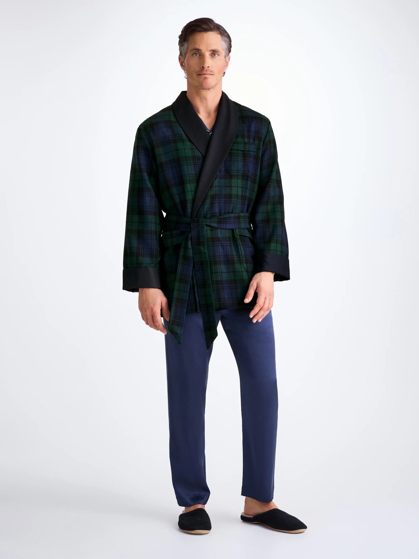 Derek Rose Men's Smoking Jacket Tartan Wool Black Watch Navy Derek Rose