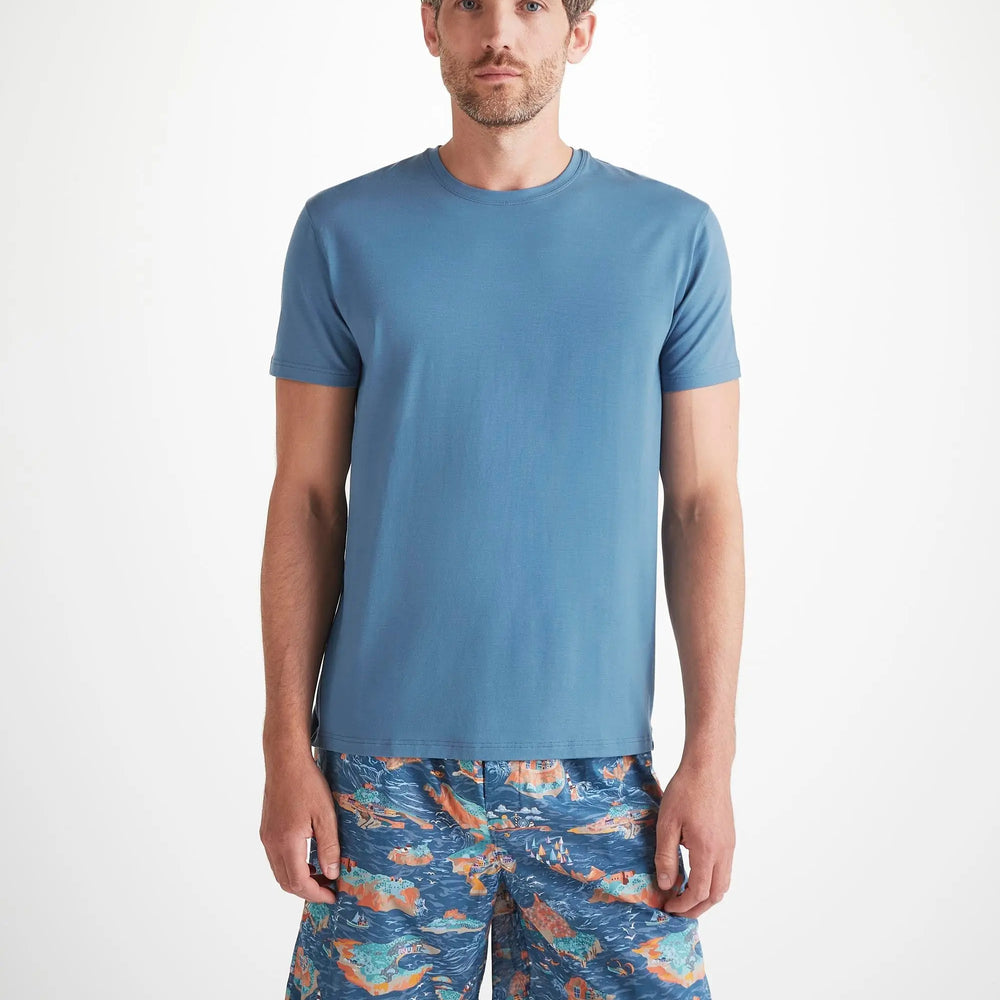 Derek Rose Men's T-Shirt Basel Micro Modal Stretch Steel Blue Derek Rose