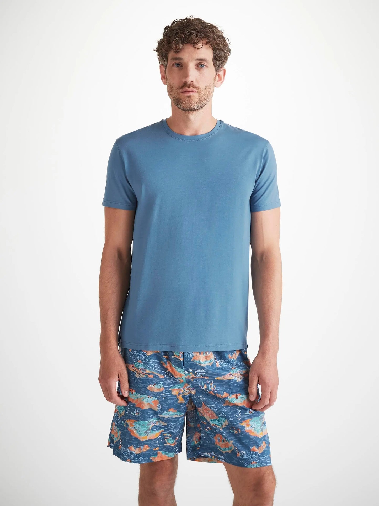 Derek Rose Men's T-Shirt Basel Micro Modal Stretch Steel Blue Derek Rose