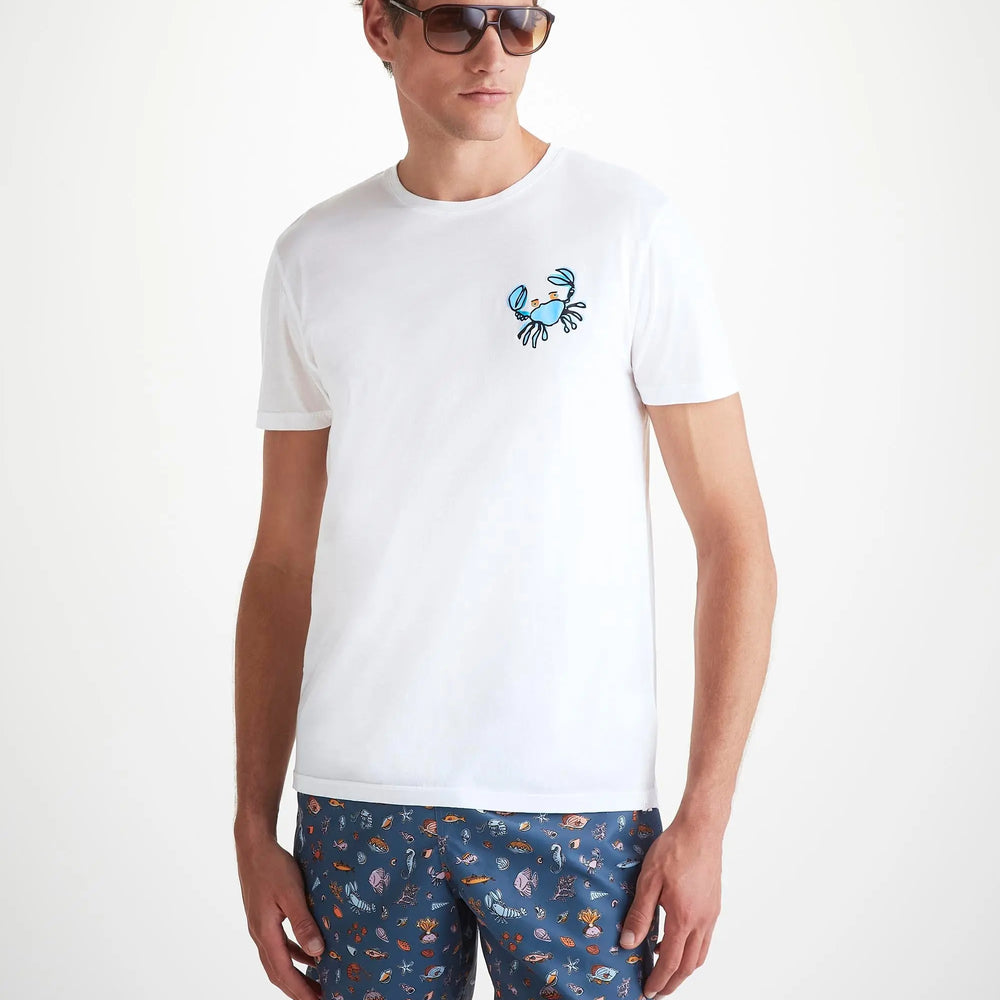 Derek Rose Men's T-Shirt Pima Cotton White Crab Motif Derek Rose