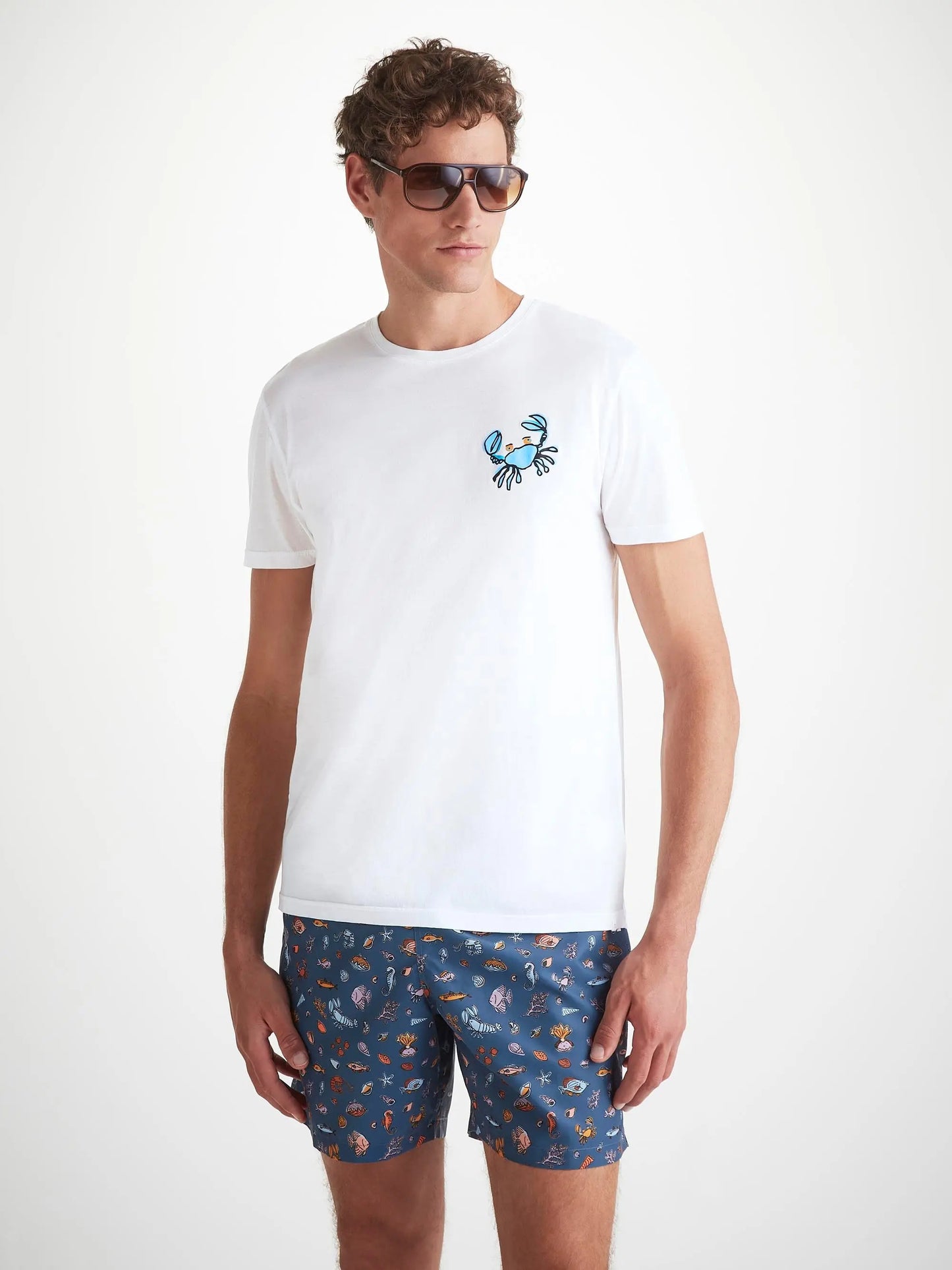 Derek Rose Men's T-Shirt Pima Cotton White Crab Motif Derek Rose