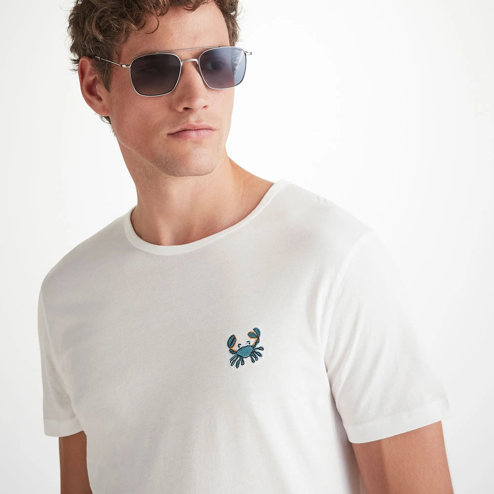 Derek Rose Men's T-Shirt Pima Cotton White Embroidered Rory Crab Derek Rose