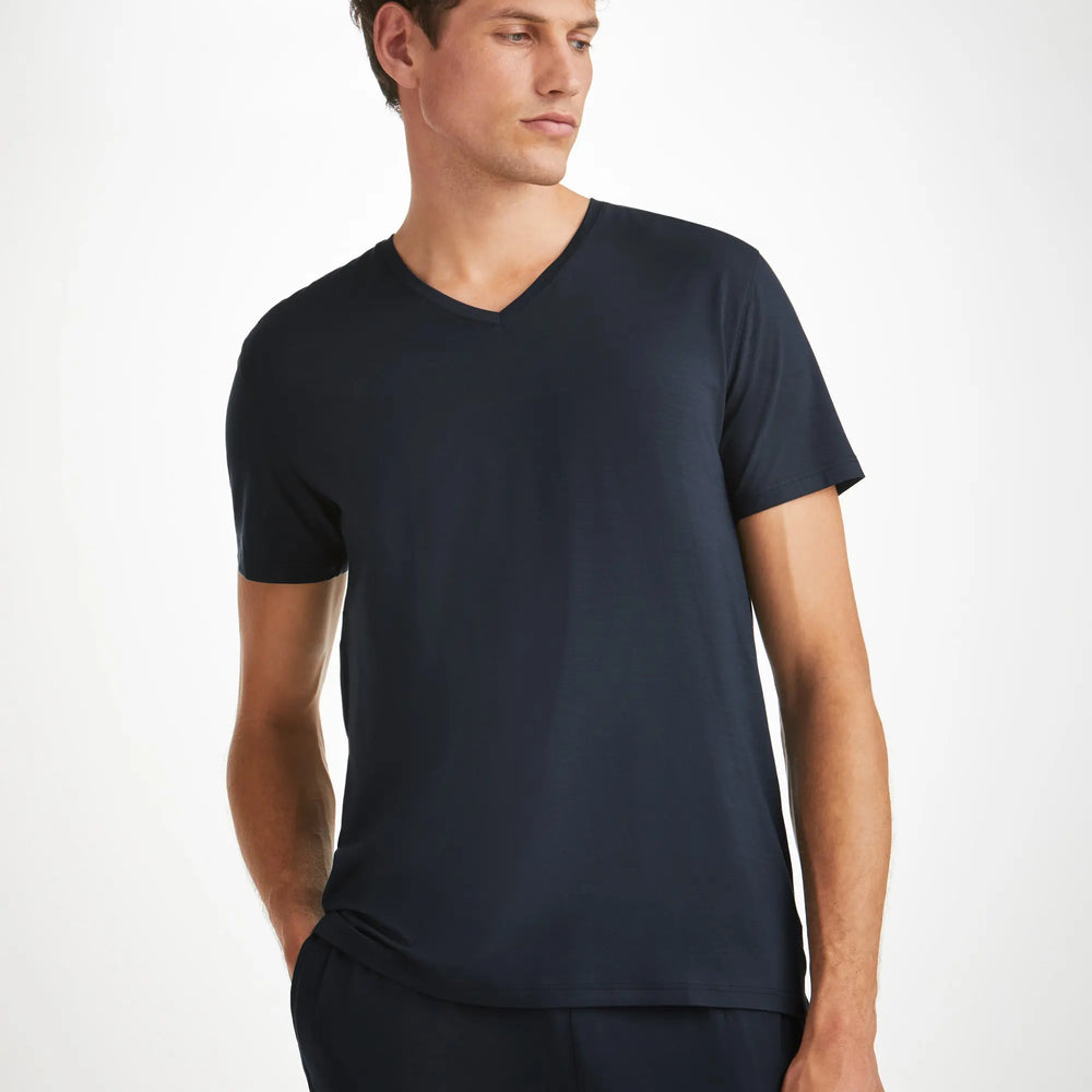 Derek Rose Men's V-Neck T-Shirt Basel Micro Modal Stretch Navy Derek Rose
