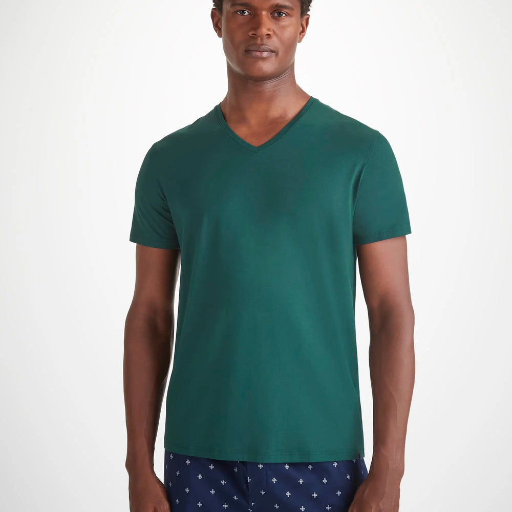Derek Rose Men's V-Neck T-Shirt Basel Micro Modal Stretch Pine Green Derek Rose