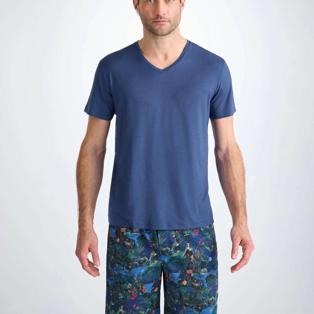 Derek Rose Men's V-Neck T-Shirt Basel Micro Modal Stretch Sapphire Derek Rose