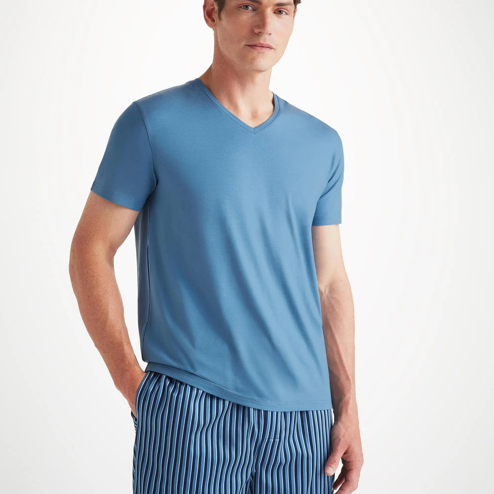 Derek Rose Men's V-Neck T-Shirt Basel Micro Modal Stretch Steel Blue Derek Rose