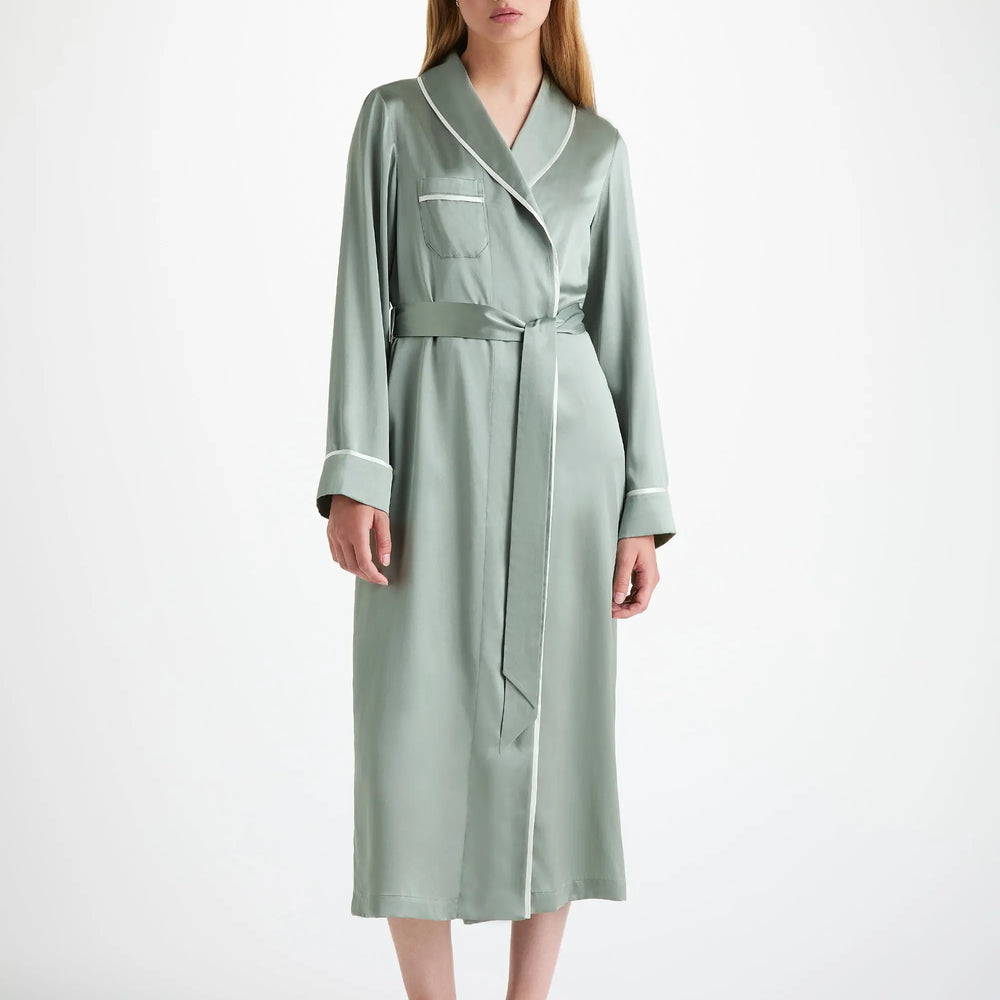 Derek Rose Women's Long Dressing Gown Bailey Silk Satin Green Derek Rose