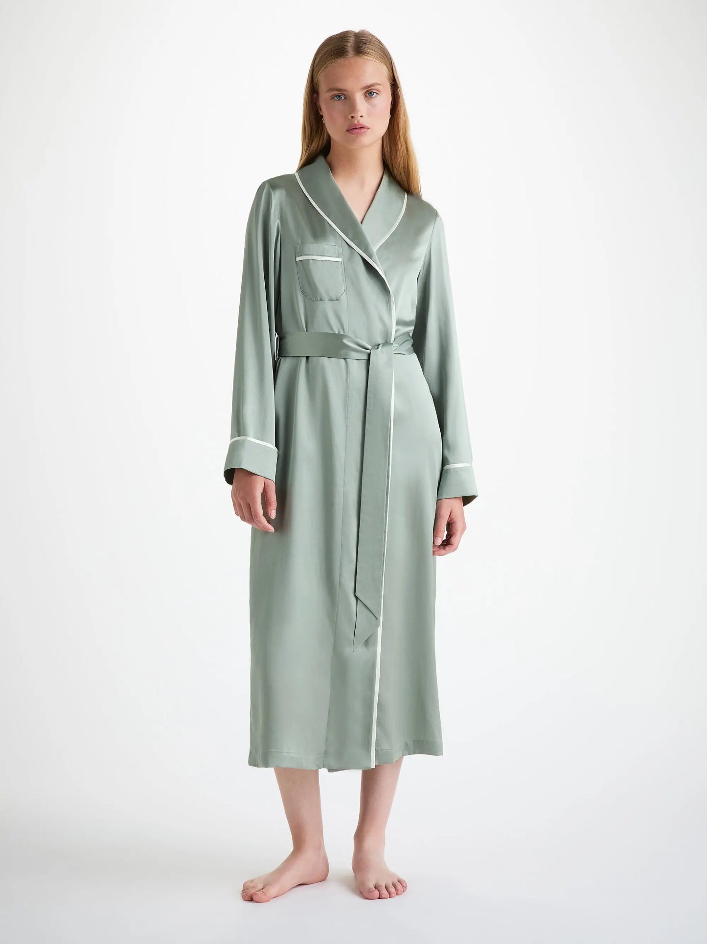 Derek Rose Women's Long Dressing Gown Bailey Silk Satin Green Derek Rose