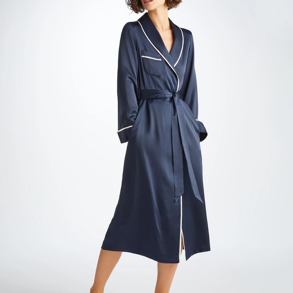 Derek Rose Women's Long Dressing Gown Bailey Silk Satin Navy Derek Rose