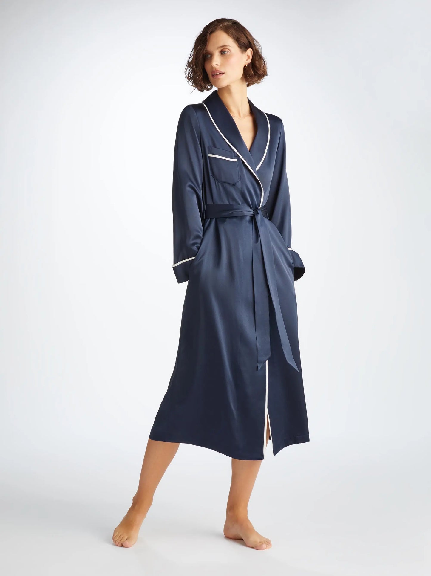 Derek Rose Women's Long Dressing Gown Bailey Silk Satin Navy Derek Rose