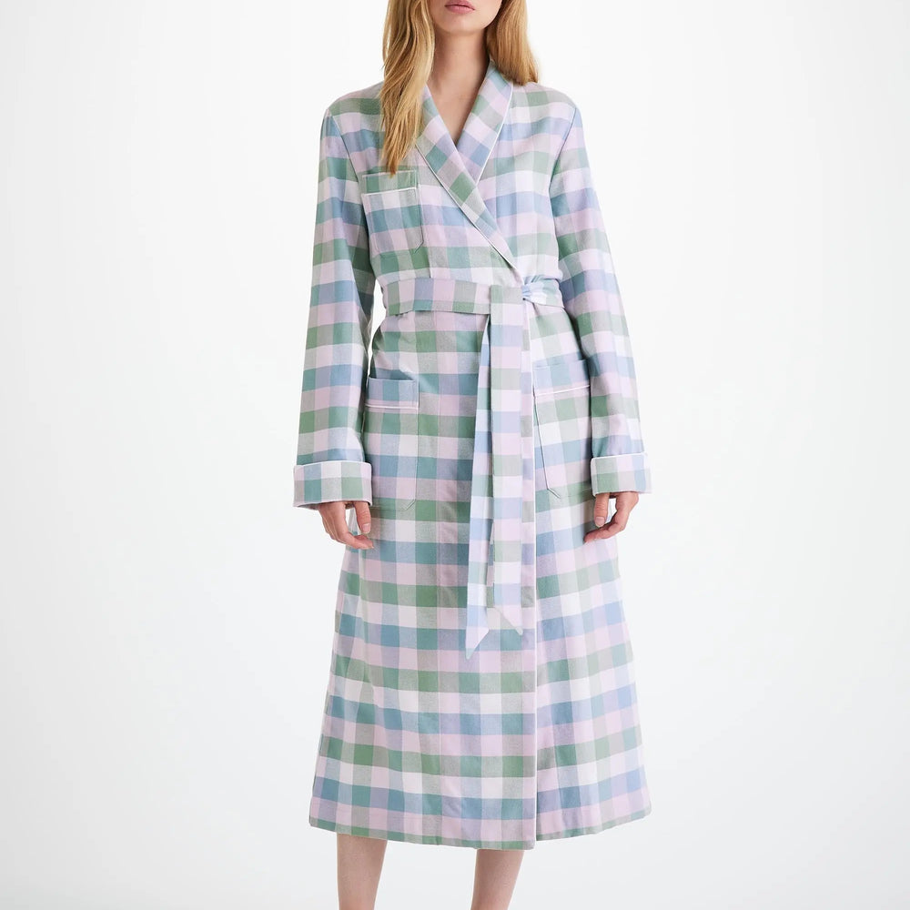 Derek Rose Women's Long Dressing Gown Kelburn 45 Brushed Cotton Green Derek Rose