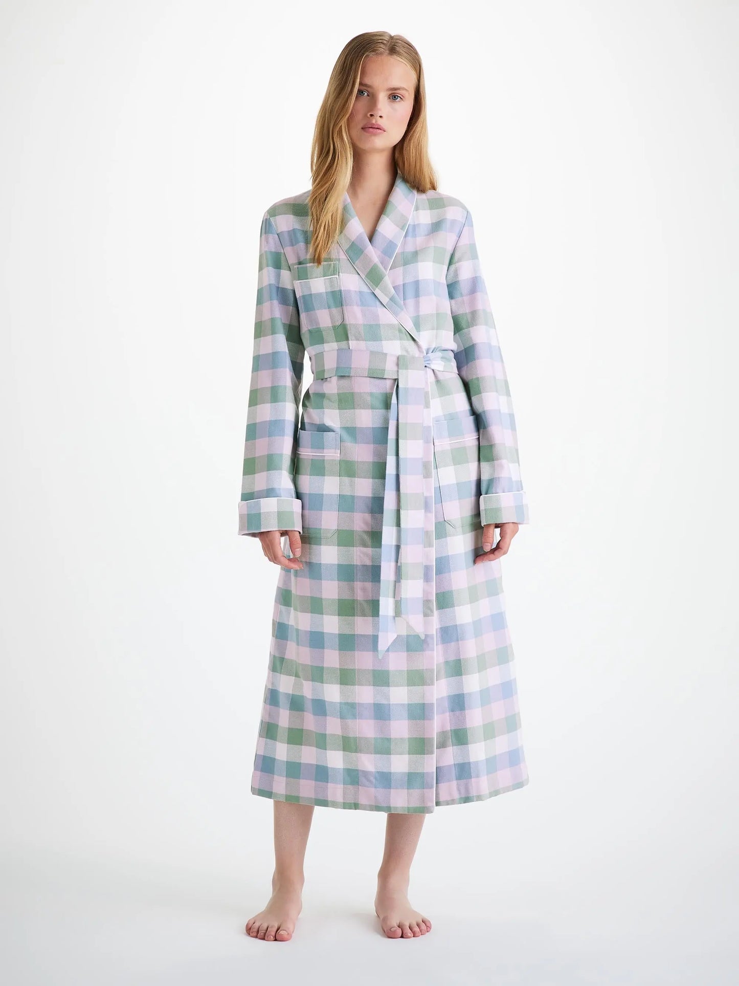 Derek Rose Women's Long Dressing Gown Kelburn 45 Brushed Cotton Green Derek Rose