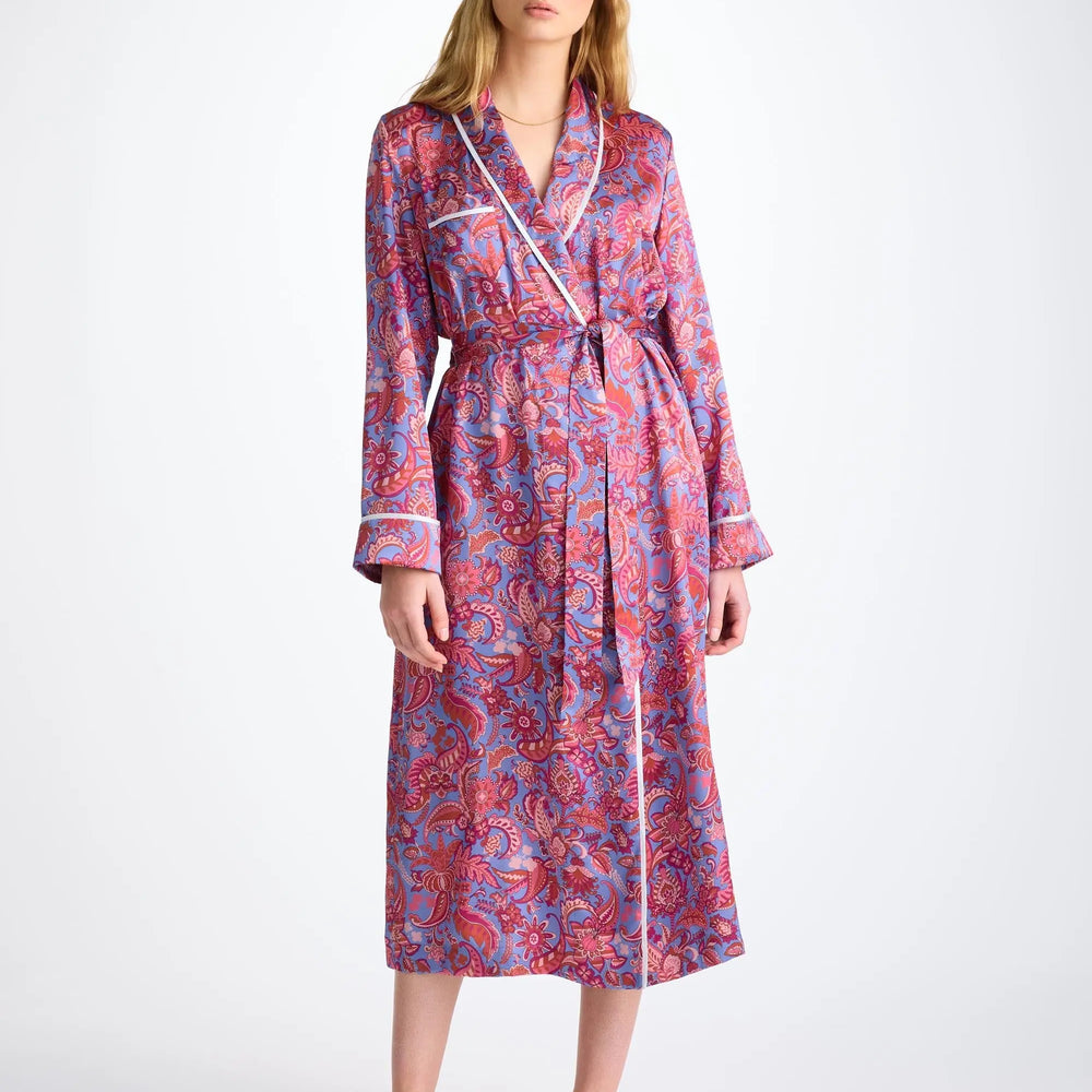 Derek Rose Women's Long Dressing Gown Silk Satin Amethyst Jungle Paisley Pattern Derek Rose