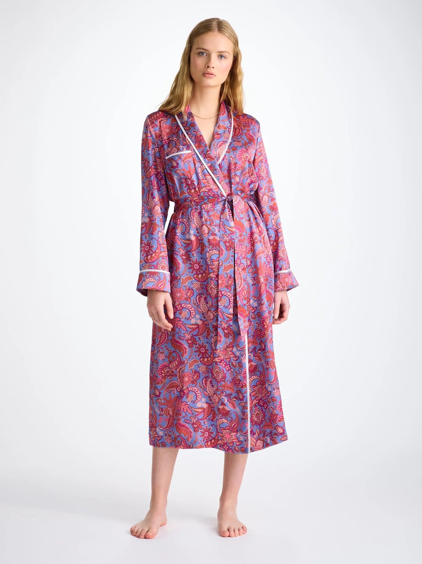 Derek Rose Women's Long Dressing Gown Silk Satin Amethyst Jungle Paisley Pattern Derek Rose