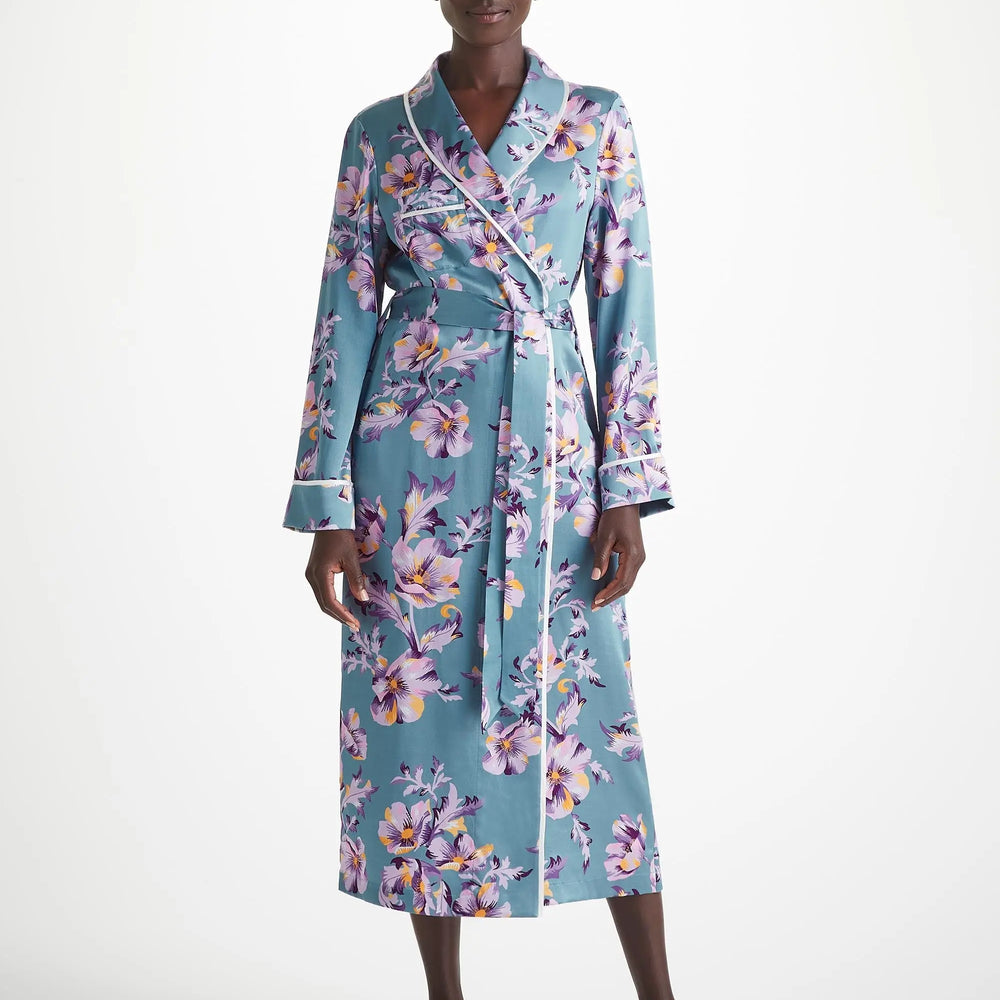 Derek Rose Women's Long Dressing Gown Silk Satin Blue Wildflower Pattern Derek Rose