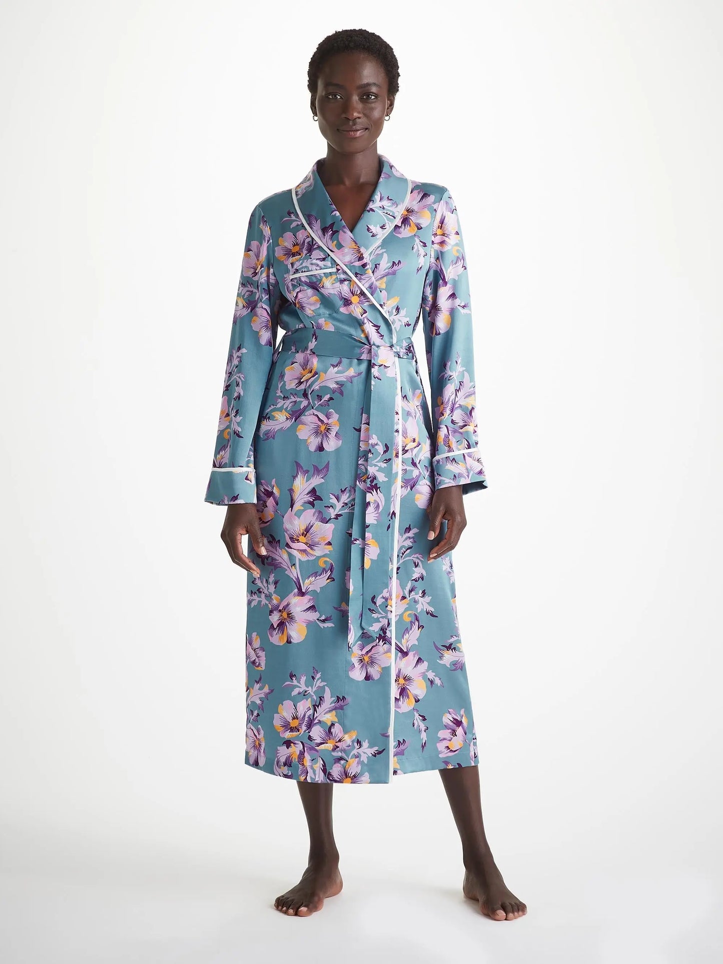 Derek Rose Women's Long Dressing Gown Silk Satin Blue Wildflower Pattern Derek Rose