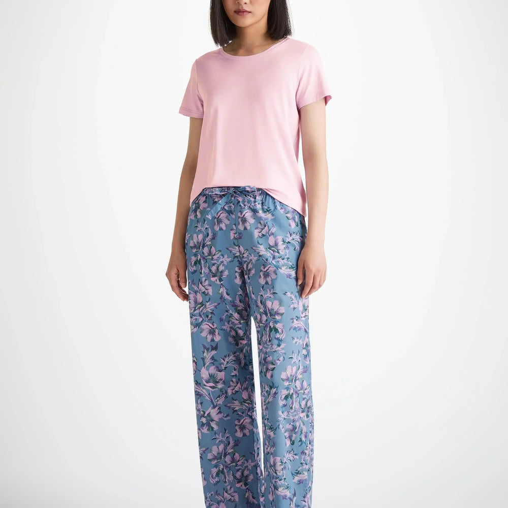 Derek Rose Women's Lounge Trousers Cotton Batiste Blue Wildflower Print Derek Rose