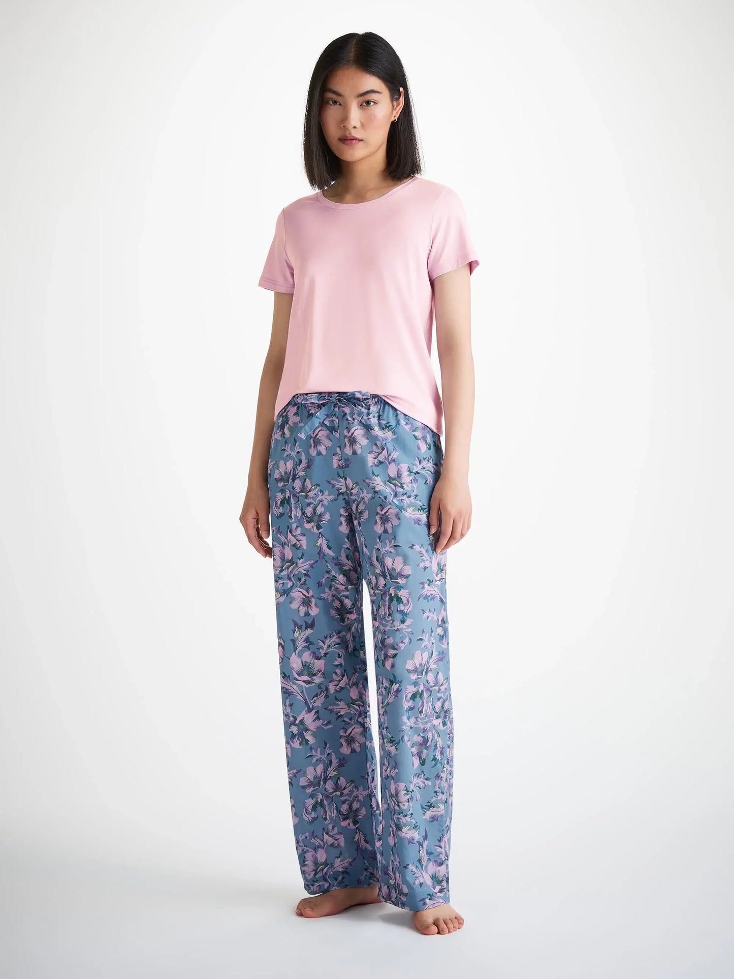 Derek Rose Women's Lounge Trousers Cotton Batiste Blue Wildflower Print Derek Rose